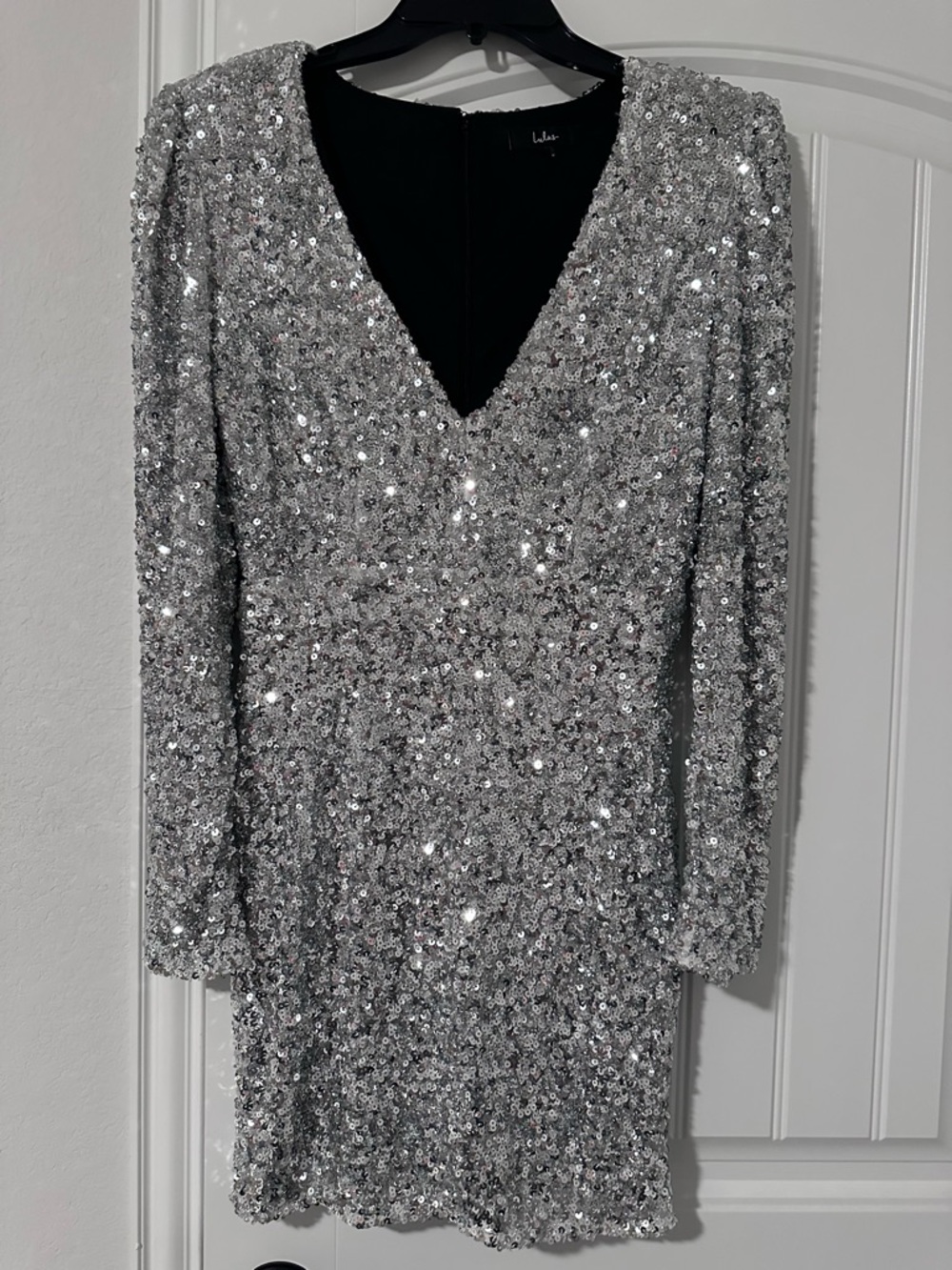 Lulu's Silver Sequin Long Sleeve V-Neck Dress